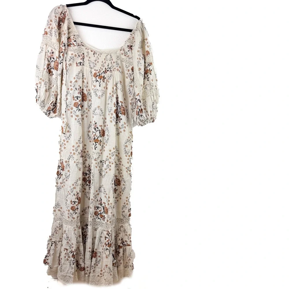 Free People Floral Lace Trim Puff Sleeve Midi Dress Cream Boho Womens Medium
